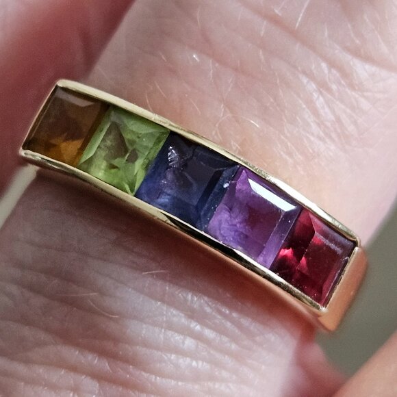 RARE VINTAGE ESTATE MAYORS BIRKS 14K PRINCESS SQUARE MULTI GEMSTONE RING BAND